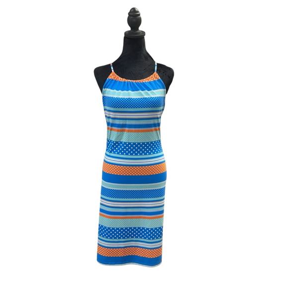 J McLaughlin for Dillard's Halter Performance Dress XL Blue Orange Tie - Picture 1 of 9